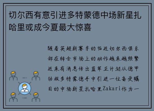 切尔西有意引进多特蒙德中场新星扎哈里或成今夏最大惊喜