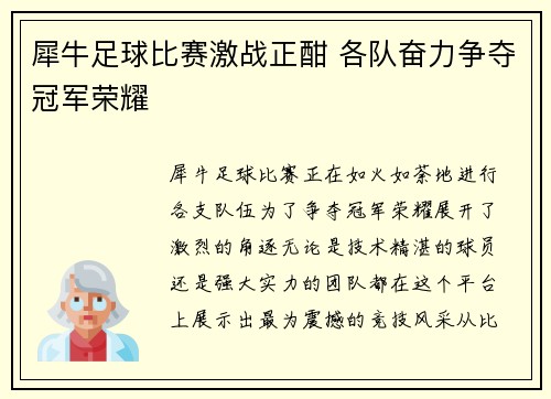 犀牛足球比赛激战正酣 各队奋力争夺冠军荣耀