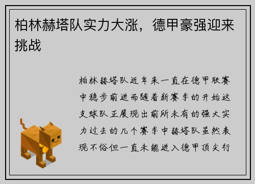 柏林赫塔队实力大涨，德甲豪强迎来挑战