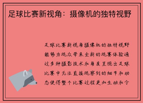足球比赛新视角：摄像机的独特视野
