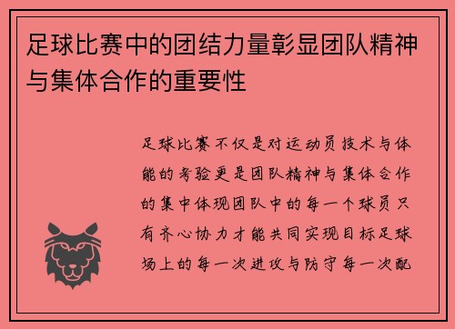 足球比赛中的团结力量彰显团队精神与集体合作的重要性
