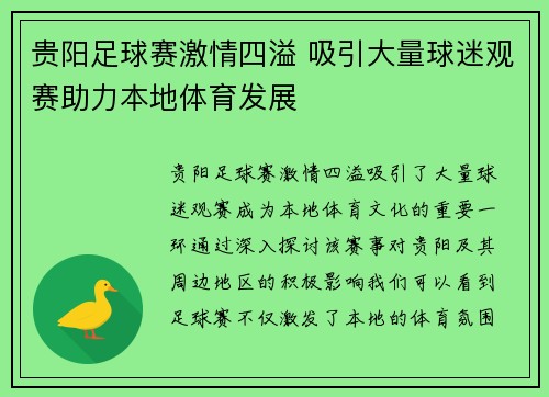 贵阳足球赛激情四溢 吸引大量球迷观赛助力本地体育发展