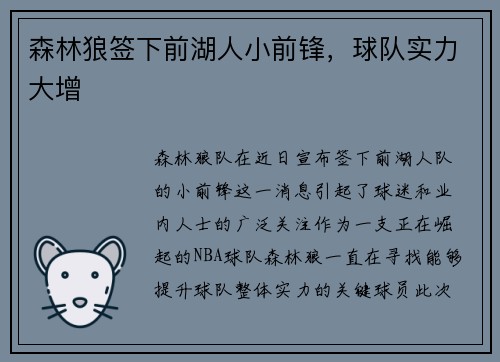 森林狼签下前湖人小前锋，球队实力大增