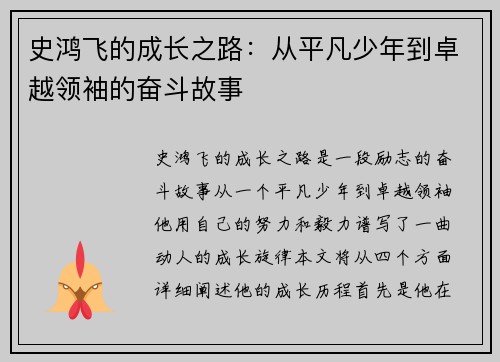 史鸿飞的成长之路：从平凡少年到卓越领袖的奋斗故事