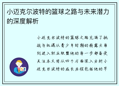 小迈克尔波特的篮球之路与未来潜力的深度解析
