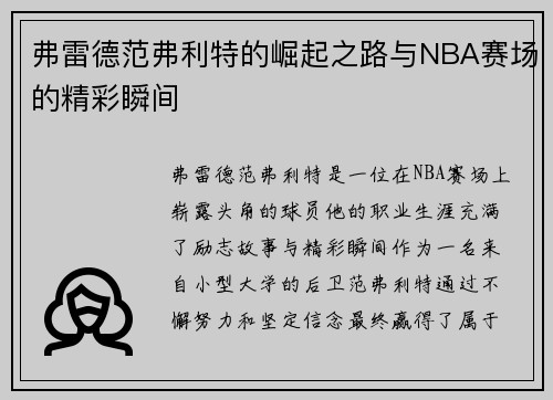 弗雷德范弗利特的崛起之路与NBA赛场的精彩瞬间