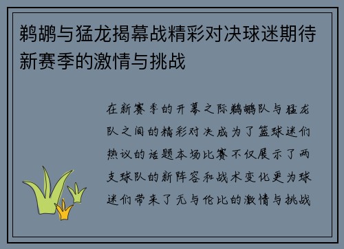 鹈鹕与猛龙揭幕战精彩对决球迷期待新赛季的激情与挑战