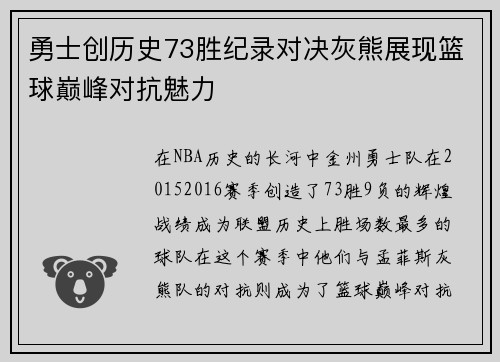 勇士创历史73胜纪录对决灰熊展现篮球巅峰对抗魅力