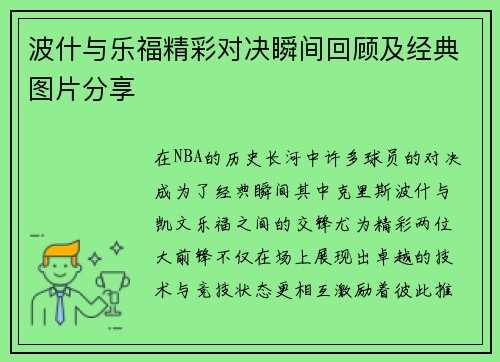 波什与乐福精彩对决瞬间回顾及经典图片分享