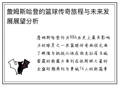 詹姆斯哈登的篮球传奇旅程与未来发展展望分析