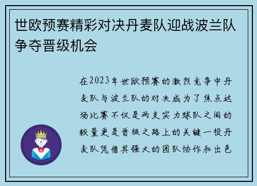 世欧预赛精彩对决丹麦队迎战波兰队争夺晋级机会