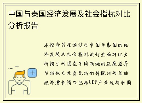 中国与泰国经济发展及社会指标对比分析报告