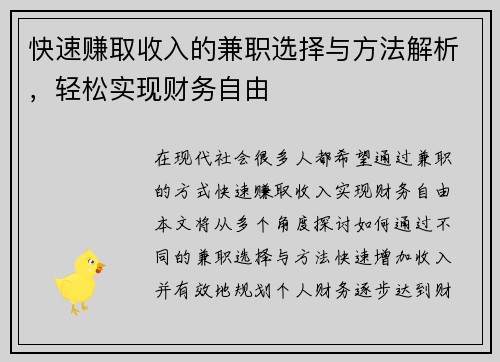 快速赚取收入的兼职选择与方法解析，轻松实现财务自由