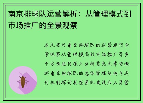 南京排球队运营解析：从管理模式到市场推广的全景观察