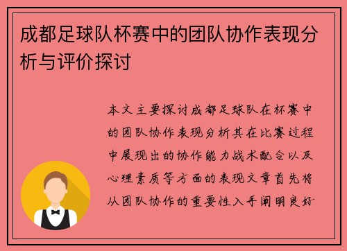 成都足球队杯赛中的团队协作表现分析与评价探讨