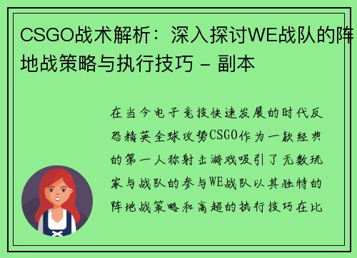 CSGO战术解析：深入探讨WE战队的阵地战策略与执行技巧 - 副本