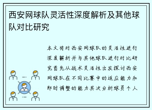 西安网球队灵活性深度解析及其他球队对比研究