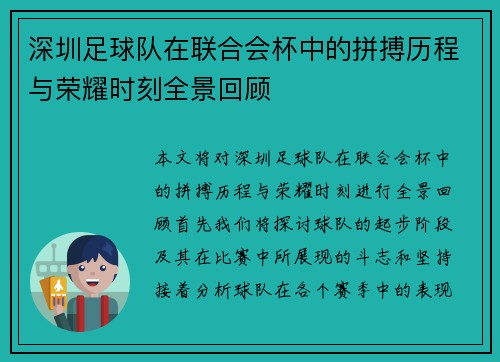 深圳足球队在联合会杯中的拼搏历程与荣耀时刻全景回顾